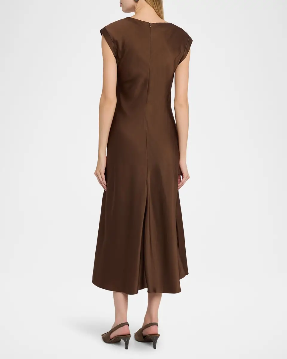 Brunello Cucinelli V-Neck Monili Sleeveless Satin Midi Dress | Thumbnail 3 Brunello Cucinelli V-Neck Monili Sleeveless Satin Midi Dress | Thumbnail 3
