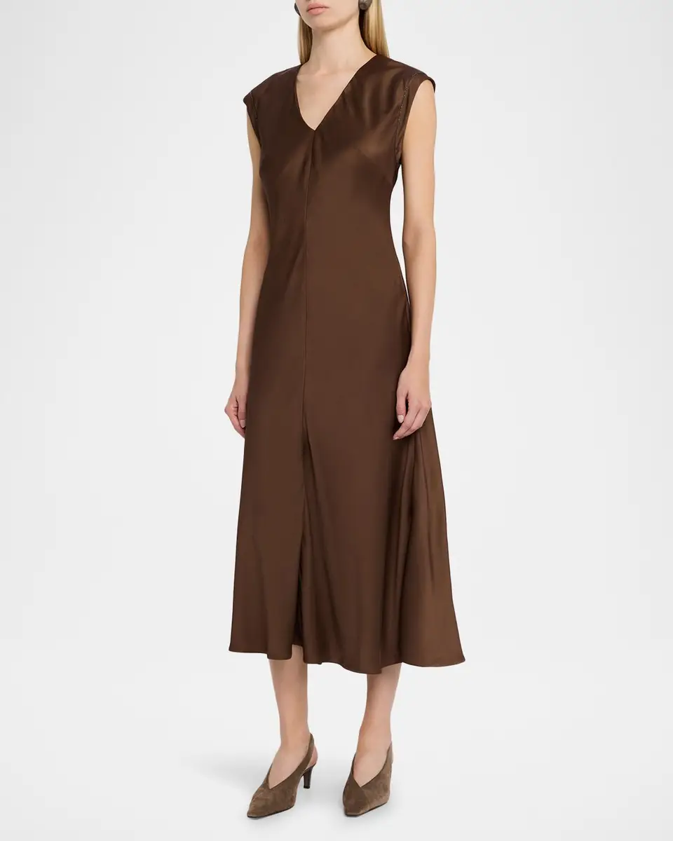 Brunello Cucinelli V-Neck Monili Sleeveless Satin Midi Dress | Thumbnail 4 Brunello Cucinelli V-Neck Monili Sleeveless Satin Midi Dress | Thumbnail 4