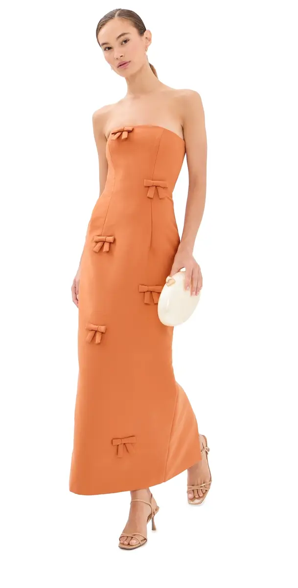 LEO LIN Rayna Bow Bustier Maxi Dress Ochre | Image 1 LEO LIN Rayna Bow Bustier Maxi Dress Ochre | Image 1