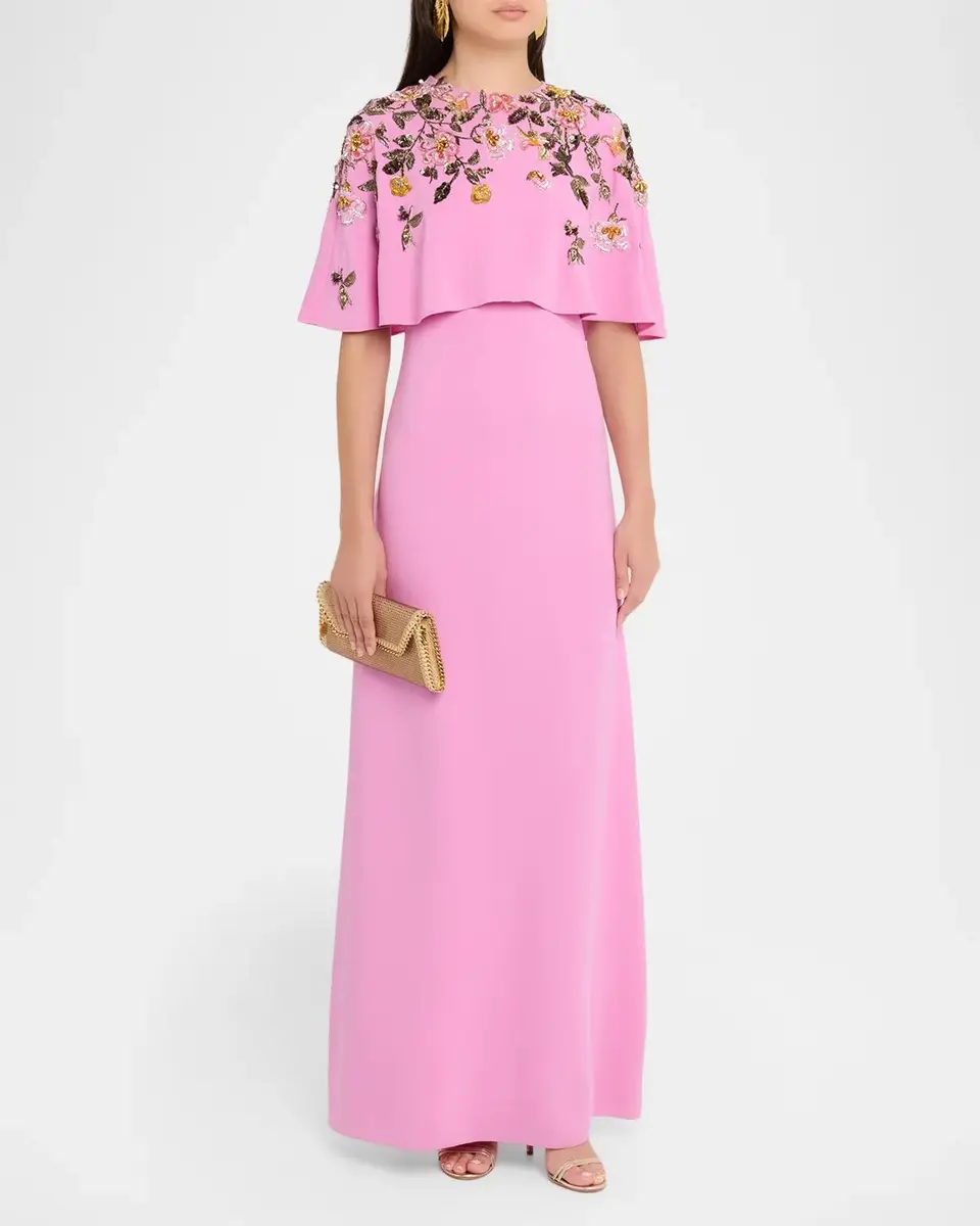 Oscar de la Renta Floral Beaded Capelet Silk Georgette Gown | Thumbnail 2 Oscar de la Renta Floral Beaded Capelet Silk Georgette Gown | Thumbnail 2