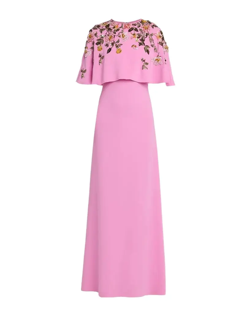 Oscar de la Renta Floral Beaded Capelet Silk Georgette Gown