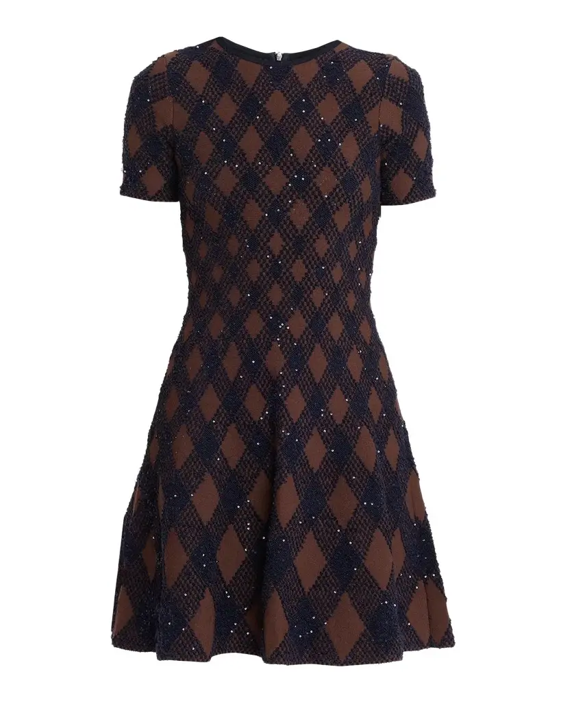 Oscar de la Renta Shimmering Argyle Knit Short-Sleeve Mini Dress | Image 1 Oscar de la Renta Shimmering Argyle Knit Short-Sleeve Mini Dress | Image 1