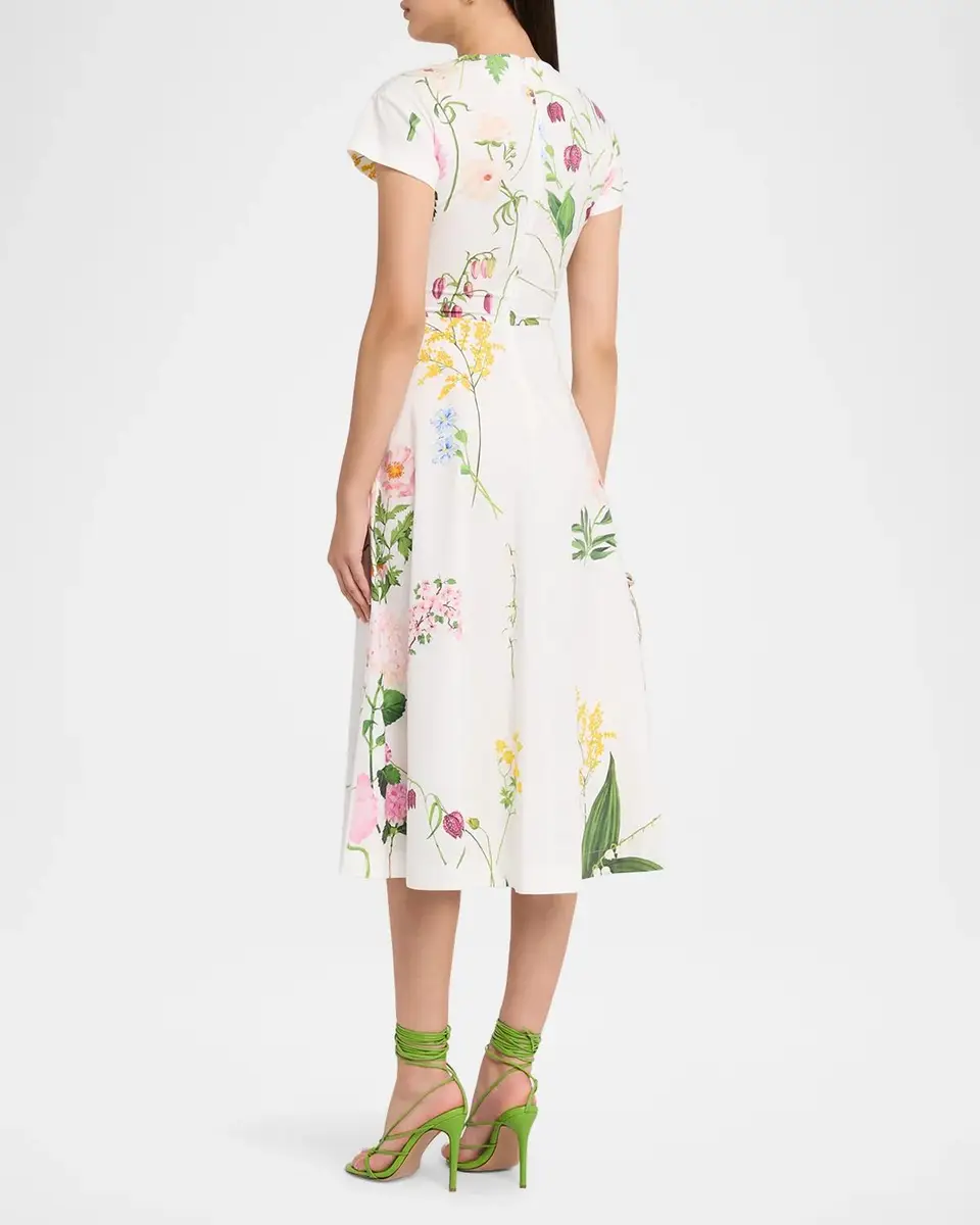 Oscar de la Renta Short-Sleeve Mixed Botanical Cotton Poplin Midi Day Dress | Thumbnail 3 Oscar de la Renta Short-Sleeve Mixed Botanical Cotton Poplin Midi Day Dress | Thumbnail 3