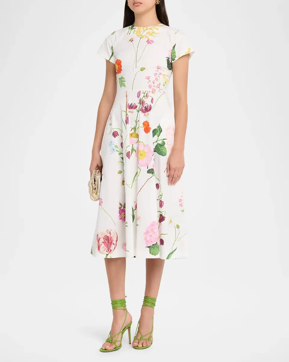 Oscar de la Renta Short-Sleeve Mixed Botanical Cotton Poplin Midi Day Dress | Thumbnail 4 Oscar de la Renta Short-Sleeve Mixed Botanical Cotton Poplin Midi Day Dress | Thumbnail 4