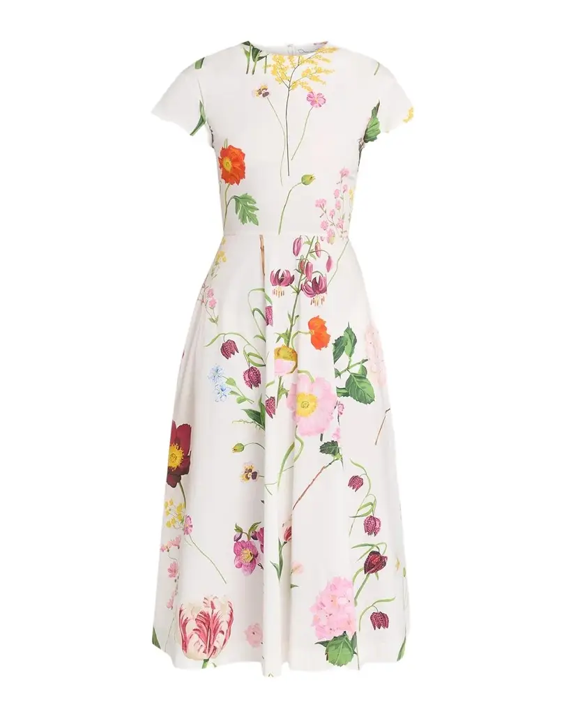 Oscar de la Renta Short-Sleeve Mixed Botanical Cotton Poplin Midi Day Dress | Image 1 Oscar de la Renta Short-Sleeve Mixed Botanical Cotton Poplin Midi Day Dress | Image 1