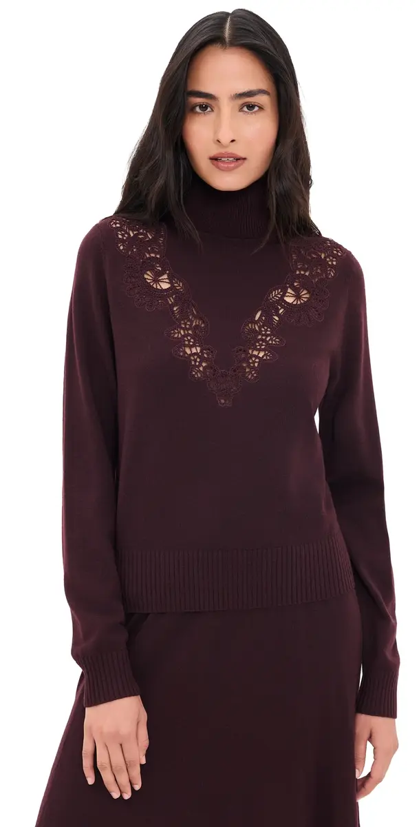 Zimmermann Valiant Merino Wool Lace Turtleneck Sweater Mahogany | Image 1 Zimmermann Valiant Merino Wool Lace Turtleneck Sweater Mahogany | Image 1