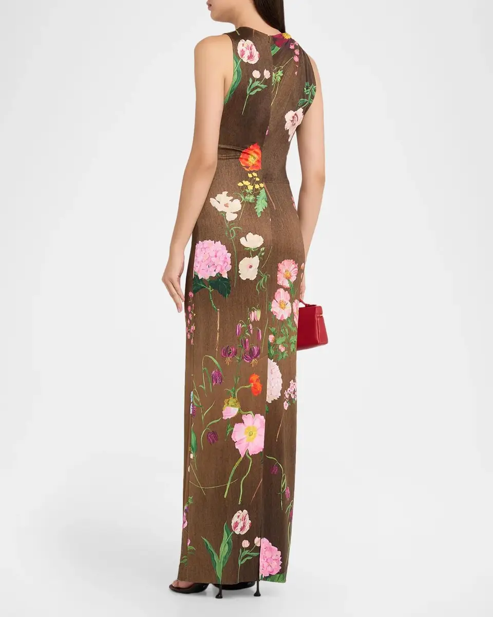 Oscar de la Renta Twisted Sleeveless Mixed Botanical Jersey Column Gown | Thumbnail 3 Oscar de la Renta Twisted Sleeveless Mixed Botanical Jersey Column Gown | Thumbnail 3