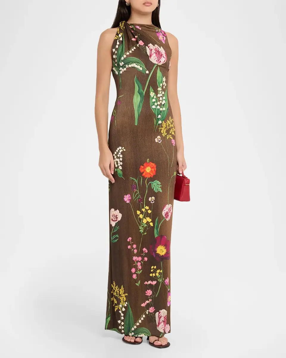 Oscar de la Renta Twisted Sleeveless Mixed Botanical Jersey Column Gown | Thumbnail 4 Oscar de la Renta Twisted Sleeveless Mixed Botanical Jersey Column Gown | Thumbnail 4