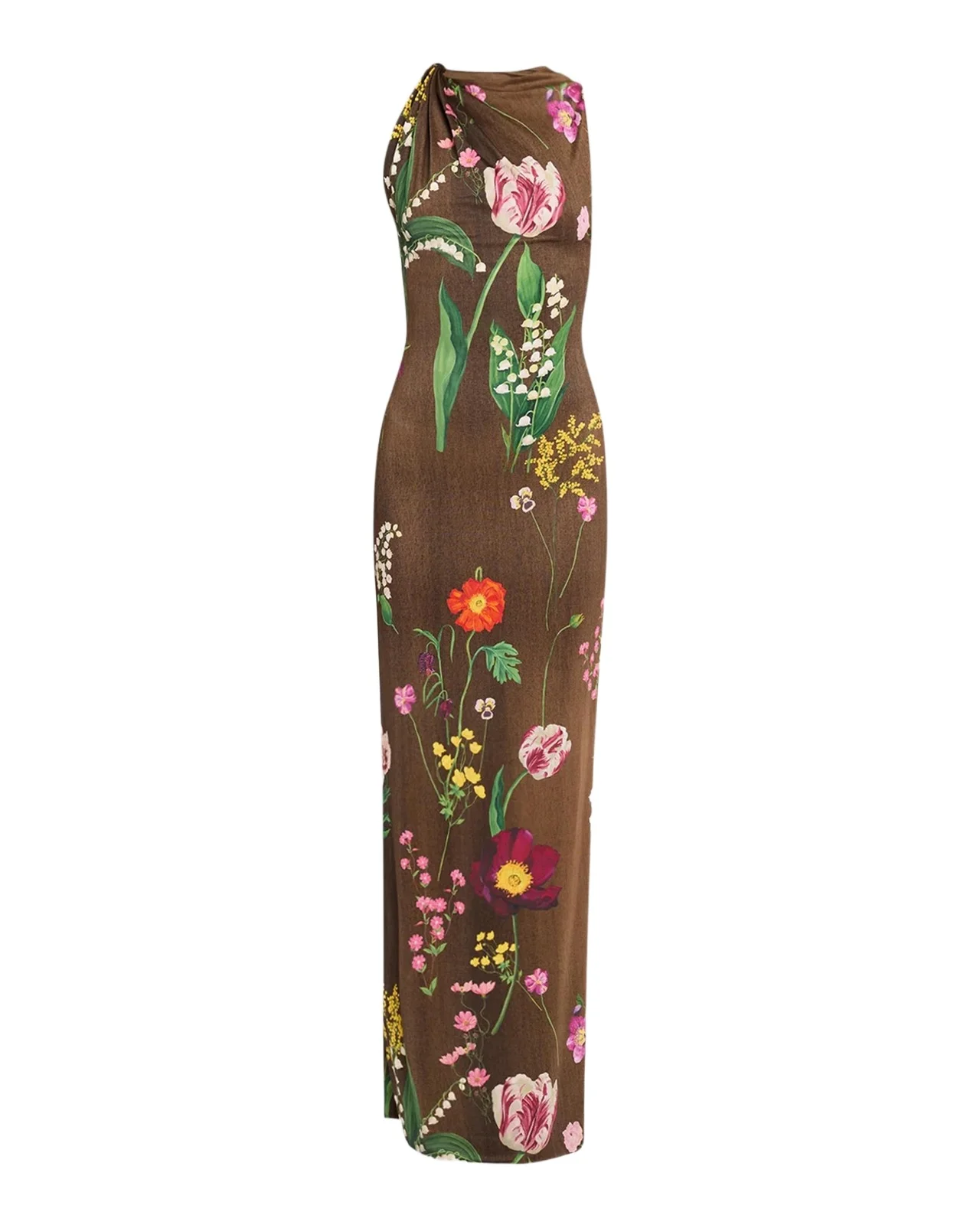 Twisted Sleeveless Mixed Botanical Jersey Column Gown Twisted Sleeveless Mixed Botanical Jersey Column Gown