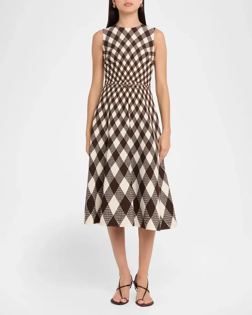 Oscar de la Renta Sleeveless Argyle Wool Belted Midi Dress | Thumbnail 2 Oscar de la Renta Sleeveless Argyle Wool Belted Midi Dress | Thumbnail 2