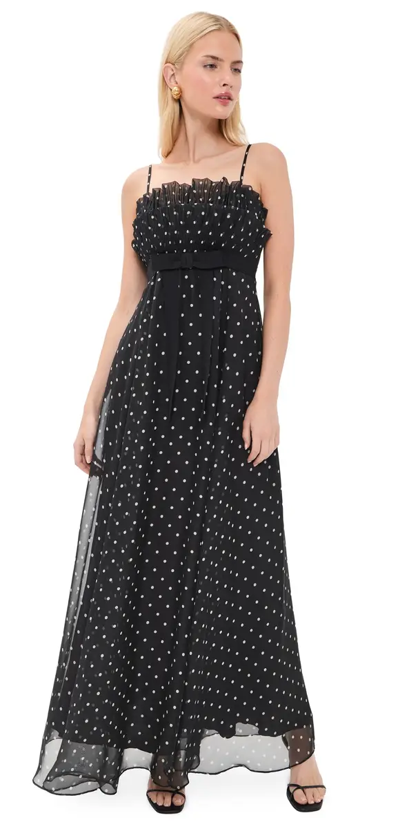Zimmermann Frill Pleated Midi Dress Black Dot | Image 1 Zimmermann Frill Pleated Midi Dress Black Dot | Image 1