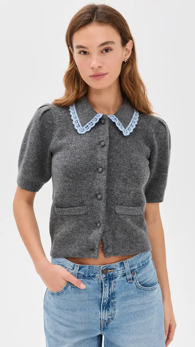 English Factory Lace Trimmed Puff Sleeve Knit Cardigan | Thumbnail 2 English Factory Lace Trimmed Puff Sleeve Knit Cardigan | Thumbnail 2