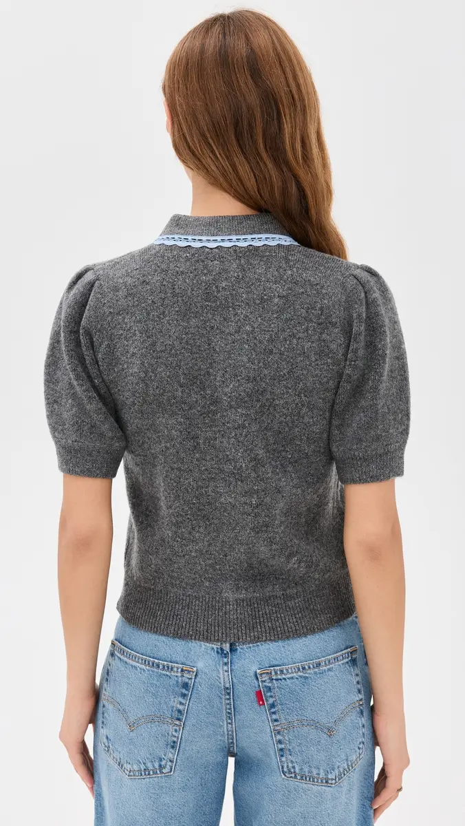 English Factory Lace Trimmed Puff Sleeve Knit Cardigan | Thumbnail 3 English Factory Lace Trimmed Puff Sleeve Knit Cardigan | Thumbnail 3