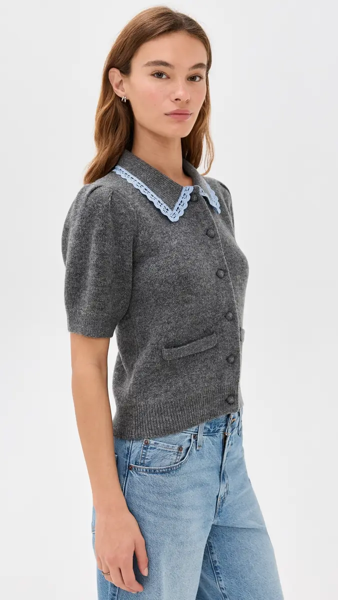English Factory Lace Trimmed Puff Sleeve Knit Cardigan | Thumbnail 4 English Factory Lace Trimmed Puff Sleeve Knit Cardigan | Thumbnail 4