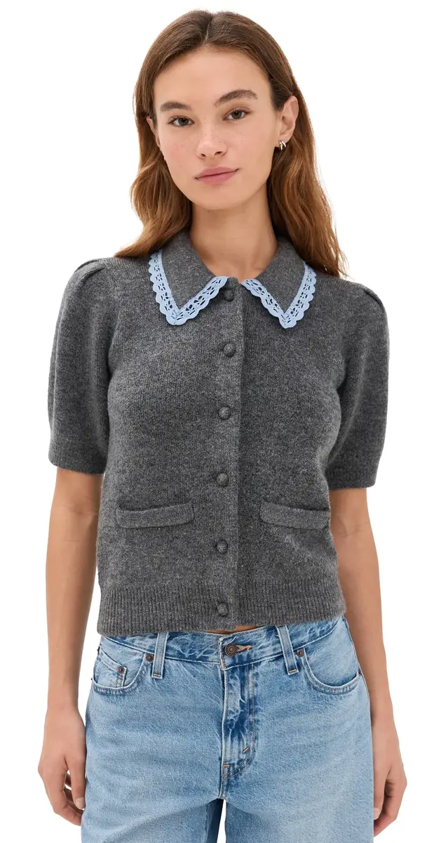 English Factory ace Trimmed Puff Sleeve Knit Cardigan Heather Grey | Image 1 English Factory ace Trimmed Puff Sleeve Knit Cardigan Heather Grey | Image 1