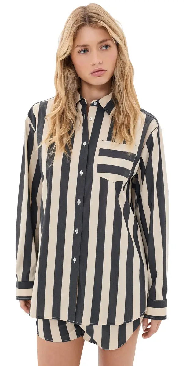 Solid & Striped The Avril Button Down Shirt Noir/Khaki tripe | Image 1 Solid & Striped The Avril Button Down Shirt Noir/Khaki tripe | Image 1