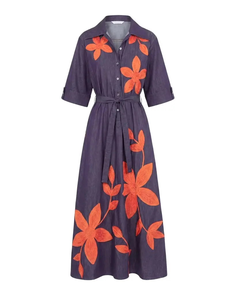 LOVEBIRDS Savana Floral Applique Denim Midi Shirtdress | Image 1 LOVEBIRDS Savana Floral Applique Denim Midi Shirtdress | Image 1