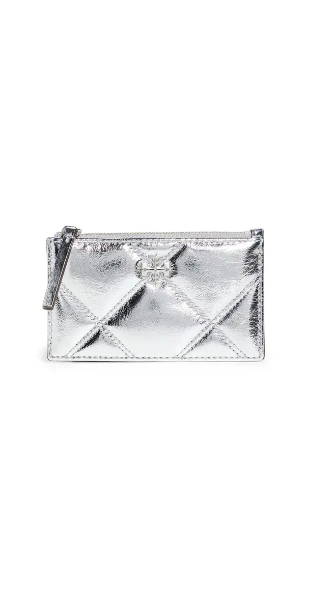 Tory Burch Kira Metallic Diamond Quilt Zip Card Case Silver One Size | Image 1 Tory Burch Kira Metallic Diamond Quilt Zip Card Case Silver One Size | Image 1
