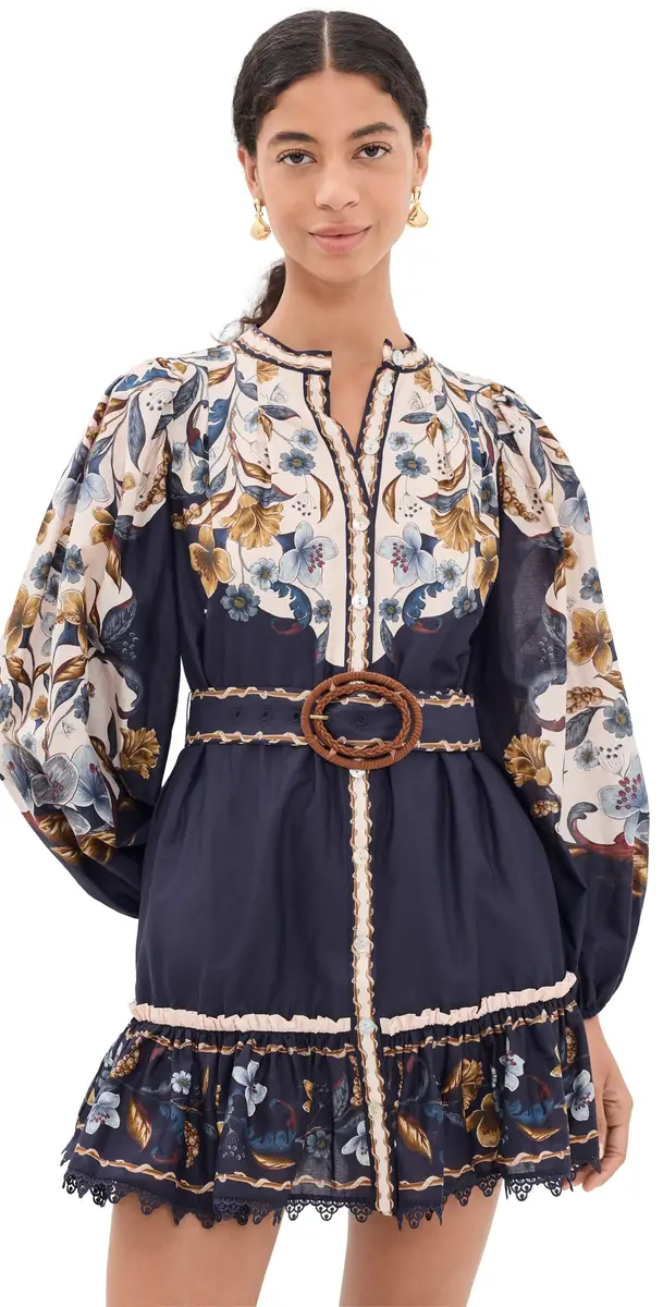 Farm Rio Belted Pattern Mini Dress Golden Nature Navy Blue | Image 1 Farm Rio Belted Pattern Mini Dress Golden Nature Navy Blue | Image 1