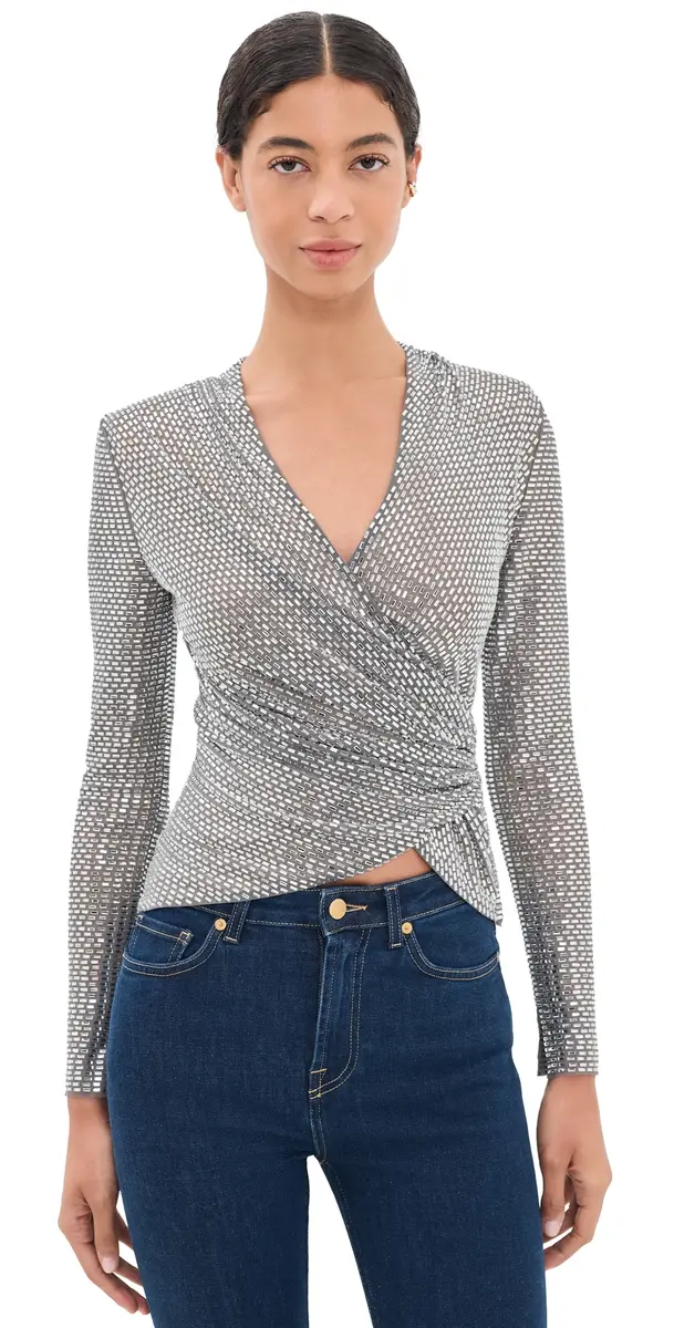 Self-Portrait Rhinestone Mesh Wrap Top