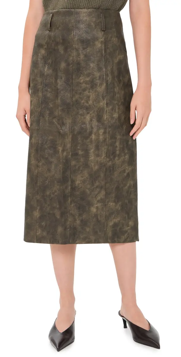 En Saison Faux Leather Margot Midi Skirt Olive | Image 1 En Saison Faux Leather Margot Midi Skirt Olive | Image 1