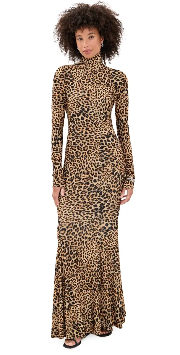 Norma Kamali Long Sleeve Turtle Fishtail Gown Cheetah Patch | Image 1 Norma Kamali Long Sleeve Turtle Fishtail Gown Cheetah Patch | Image 1
