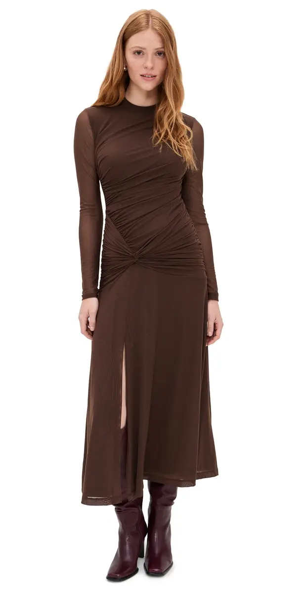 Wayf Selene Ruched Long Sleeve Dress Chocolate | Image 1 Wayf Selene Ruched Long Sleeve Dress Chocolate | Image 1
