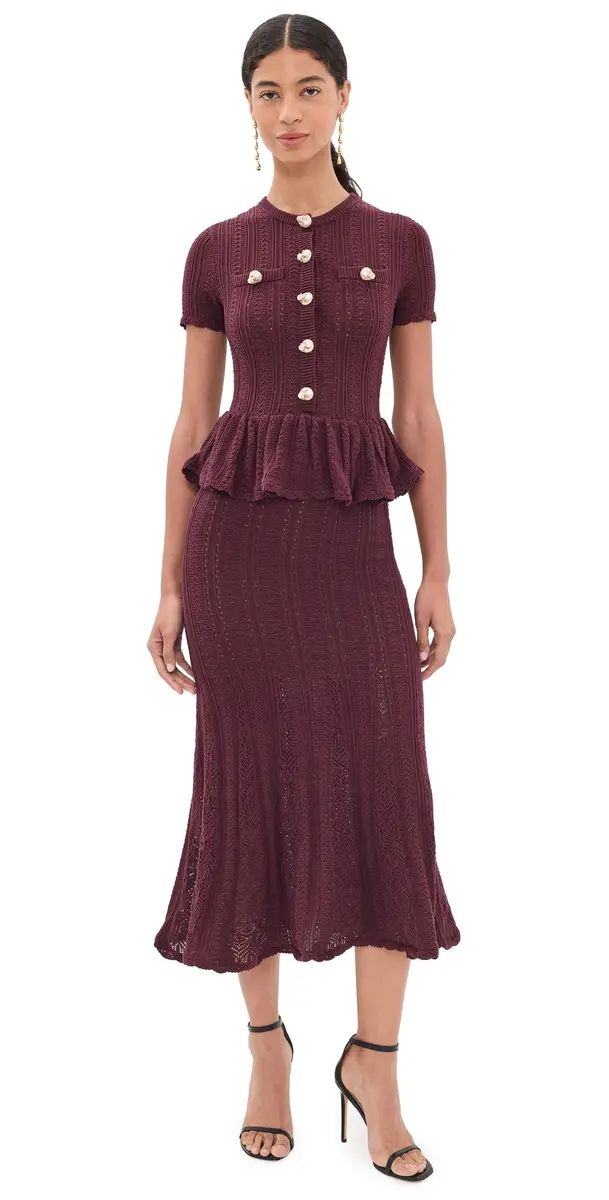 Self-Portrait Pointelle Peplum Knit Midi Dress | Image 1 Self-Portrait Pointelle Peplum Knit Midi Dress | Image 1