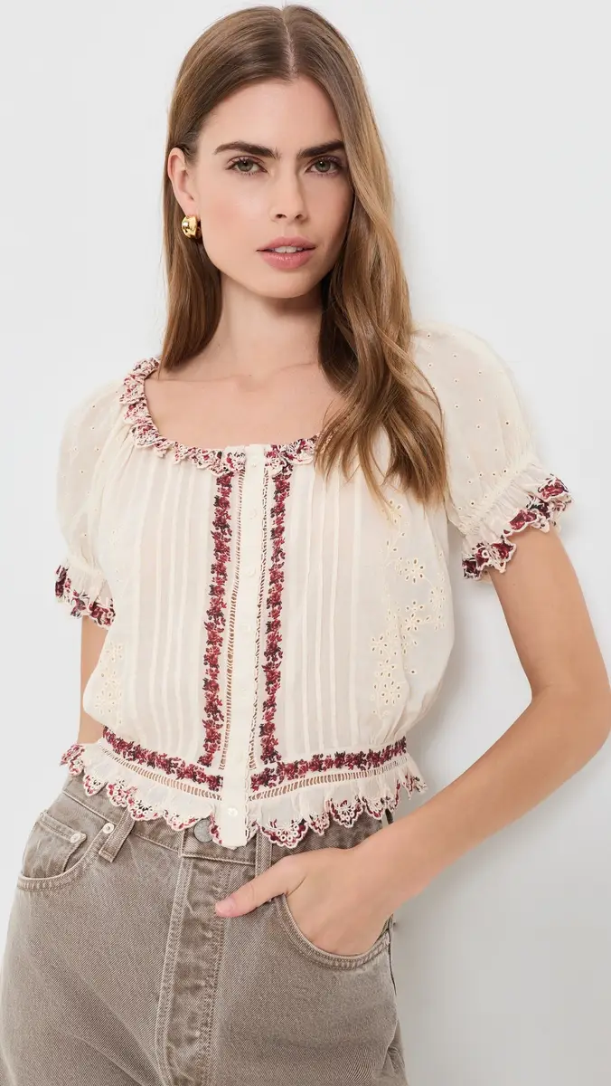 Alice + Olivia Mclaine Embroidered Puff Sleeve Cropped Blouse | Thumbnail 2 Alice + Olivia Mclaine Embroidered Puff Sleeve Cropped Blouse | Thumbnail 2