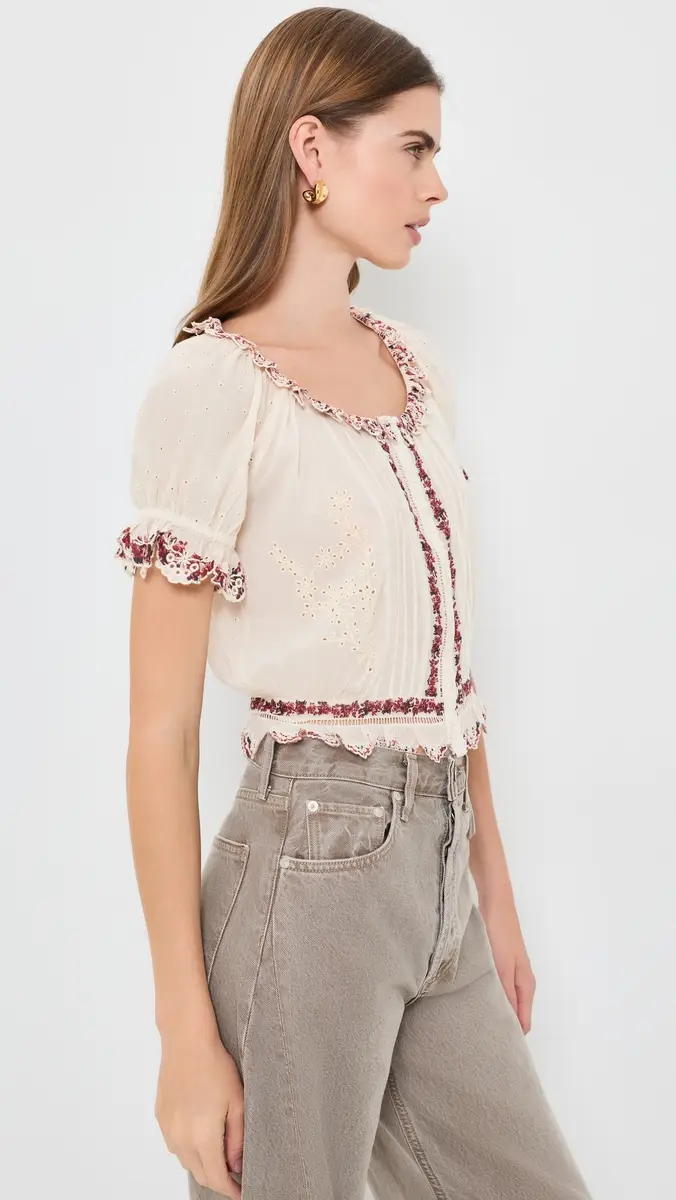 Alice + Olivia Mclaine Embroidered Puff Sleeve Cropped Blouse | Thumbnail 4 Alice + Olivia Mclaine Embroidered Puff Sleeve Cropped Blouse | Thumbnail 4