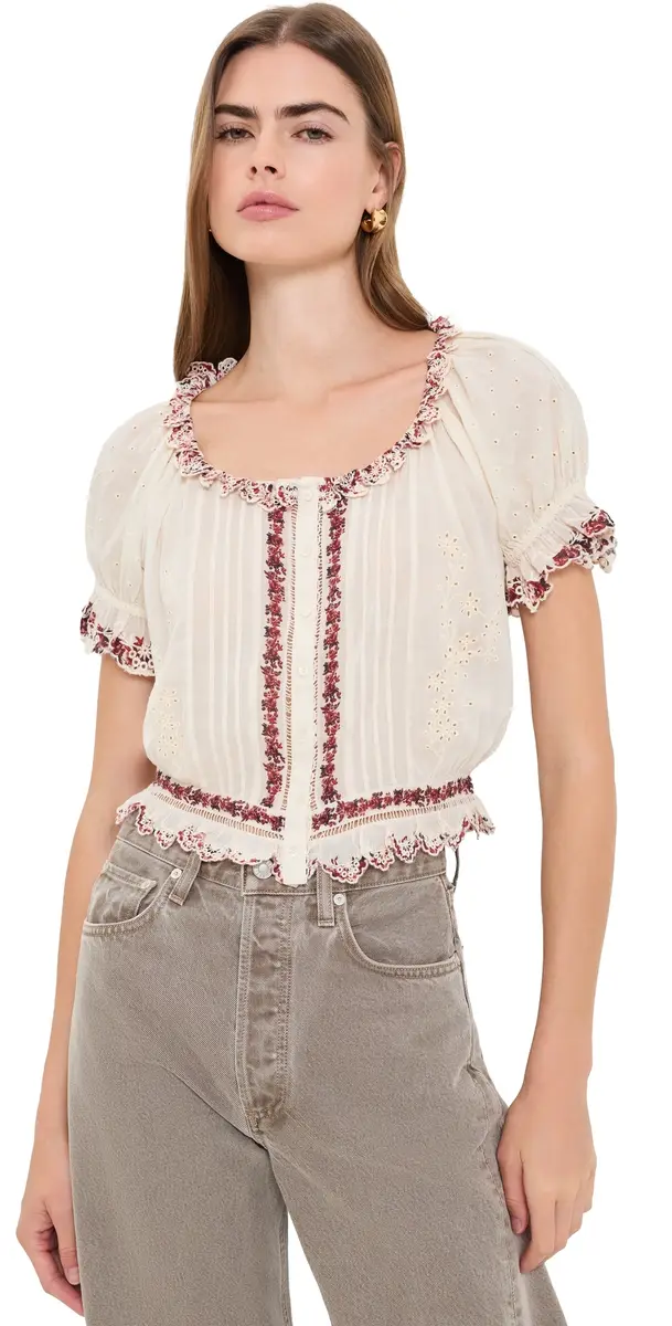 Alice + Olivia Mclaine Embr Puff Sleeve Cropped Blouse Orchard Glow | Image 1 Alice + Olivia Mclaine Embr Puff Sleeve Cropped Blouse Orchard Glow | Image 1