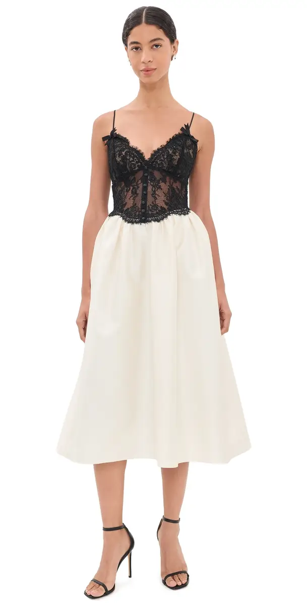 Self-Portrait Taffeta Contrast Lace Midi Dress Cream | Image 1 Self-Portrait Taffeta Contrast Lace Midi Dress Cream | Image 1