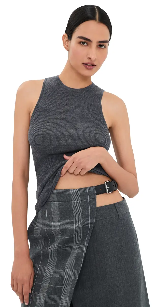 Tibi Feather Weight Ribbed Cut Out Tank Charcoal Grey | Image 1 Tibi Feather Weight Ribbed Cut Out Tank Charcoal Grey | Image 1