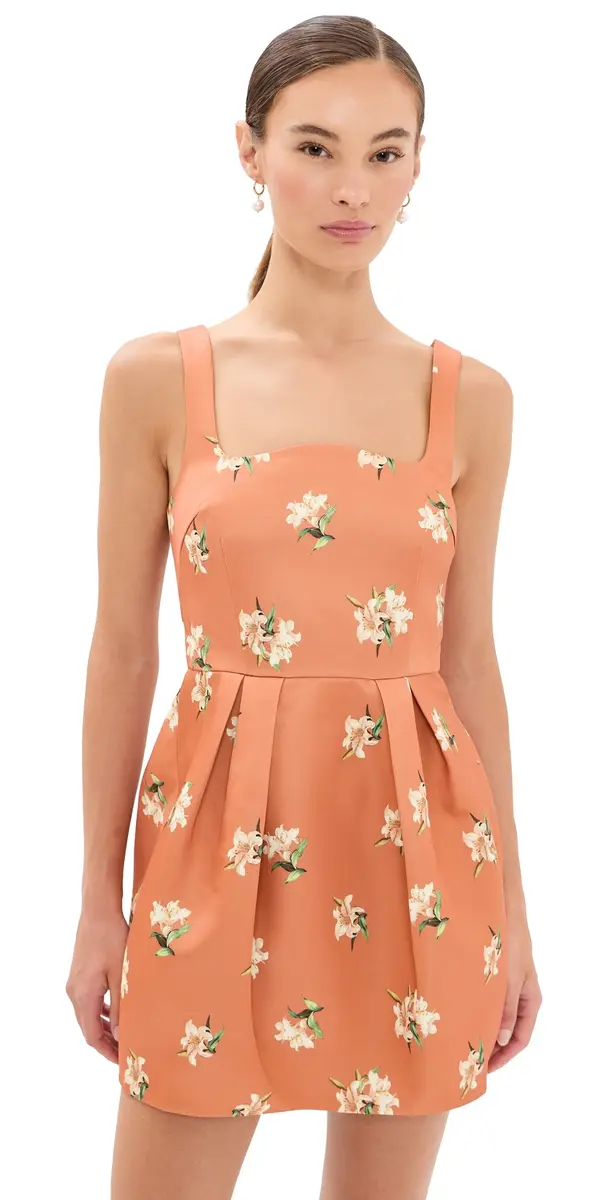 Leo Lin Piper Bell Shape Mini Dress Lily Print in Ochre | Image 1 Leo Lin Piper Bell Shape Mini Dress Lily Print in Ochre | Image 1