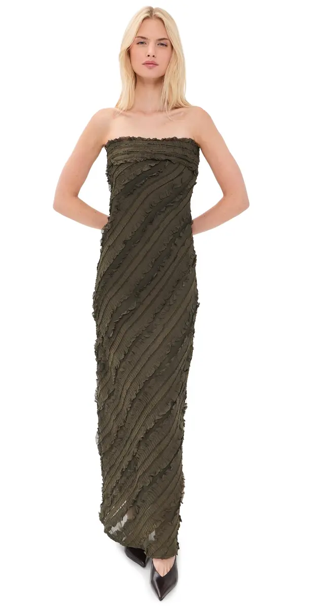 endless rose trapless Ruffled Maxi Dress Olive Brown | Image 1 endless rose trapless Ruffled Maxi Dress Olive Brown | Image 1