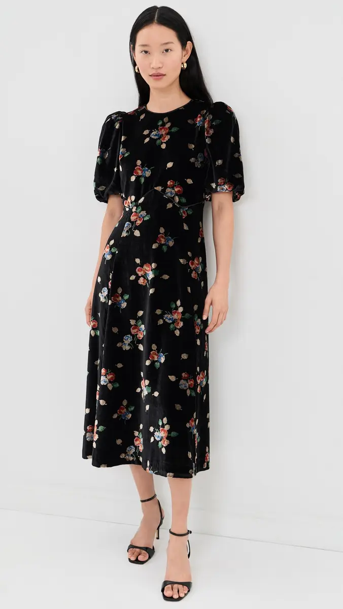 Sea Leda Velvet Puff Sleeve Midi Dress | Thumbnail 2 Sea Leda Velvet Puff Sleeve Midi Dress | Thumbnail 2