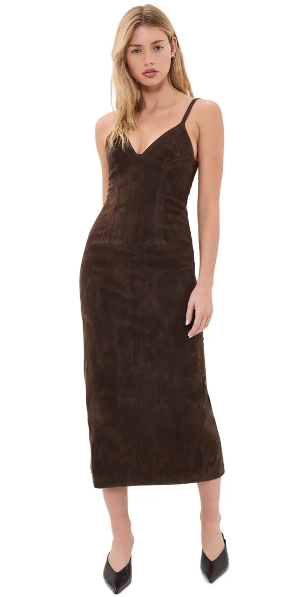 Bardot Estine Faux Suede Midi Dress Dark Choco | Image 1 Bardot Estine Faux Suede Midi Dress Dark Choco | Image 1