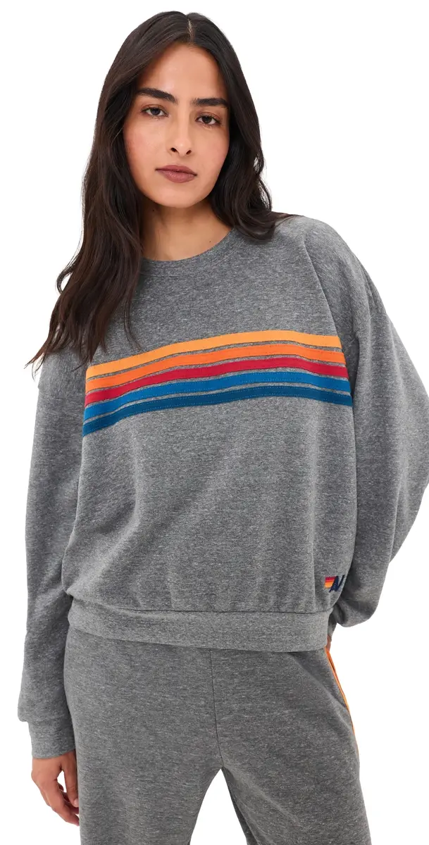 Aviator Nation 5 tripe Relaxed Crew Sweatshirt Heather Grey | Image 1 Aviator Nation 5 tripe Relaxed Crew Sweatshirt Heather Grey | Image 1