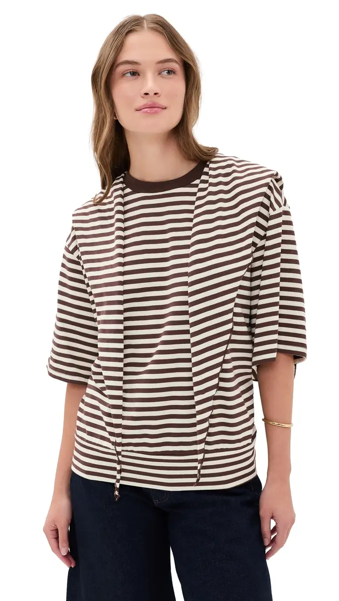 LIONESS Olsen Knit Tee Dark Chocolate tripe | Image 1 LIONESS Olsen Knit Tee Dark Chocolate tripe | Image 1