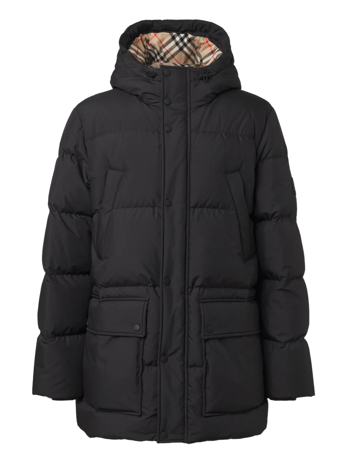 Check hooded down coat