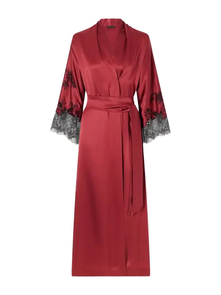 Carine Gilson Belted Lace-embroidered Silk-satin Robe