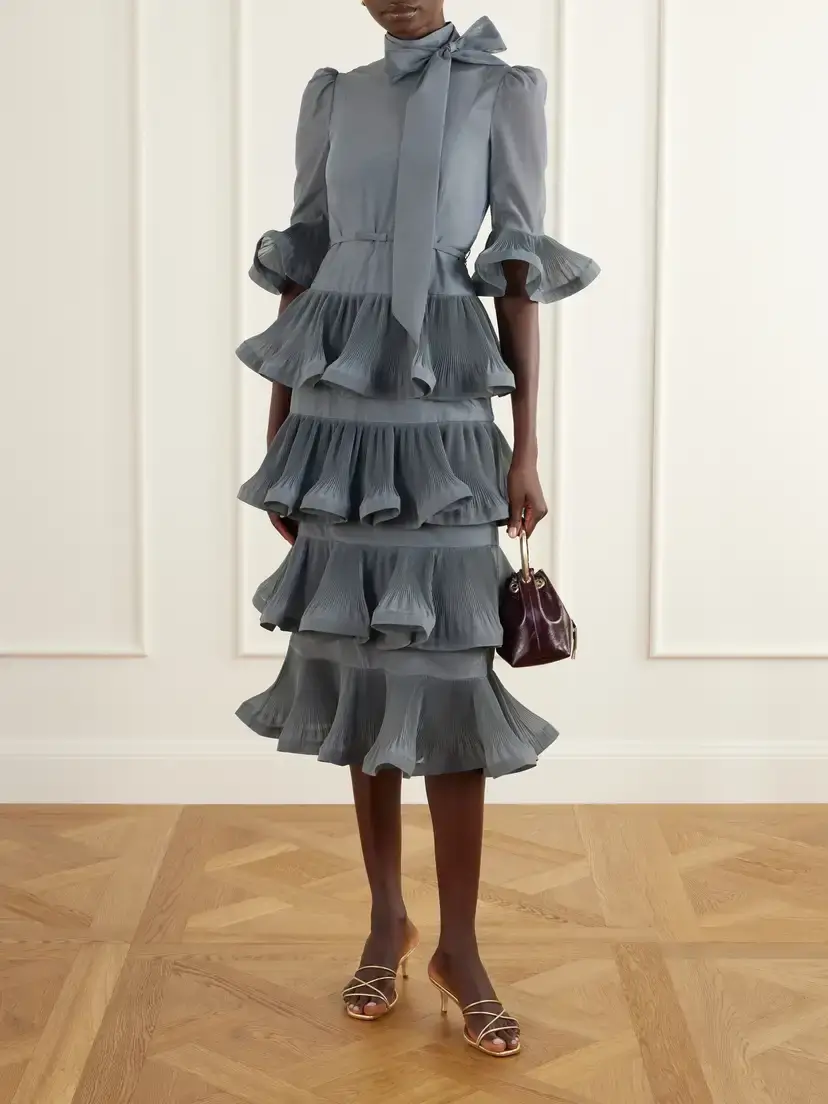 Zimmermann Pussy-bow Ruched Tiered Plissè Organza Midi Dress | Thumbnail 2
