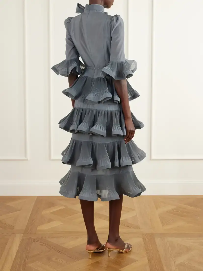Zimmermann Pussy-bow Ruched Tiered Plissè Organza Midi Dress | Thumbnail 3