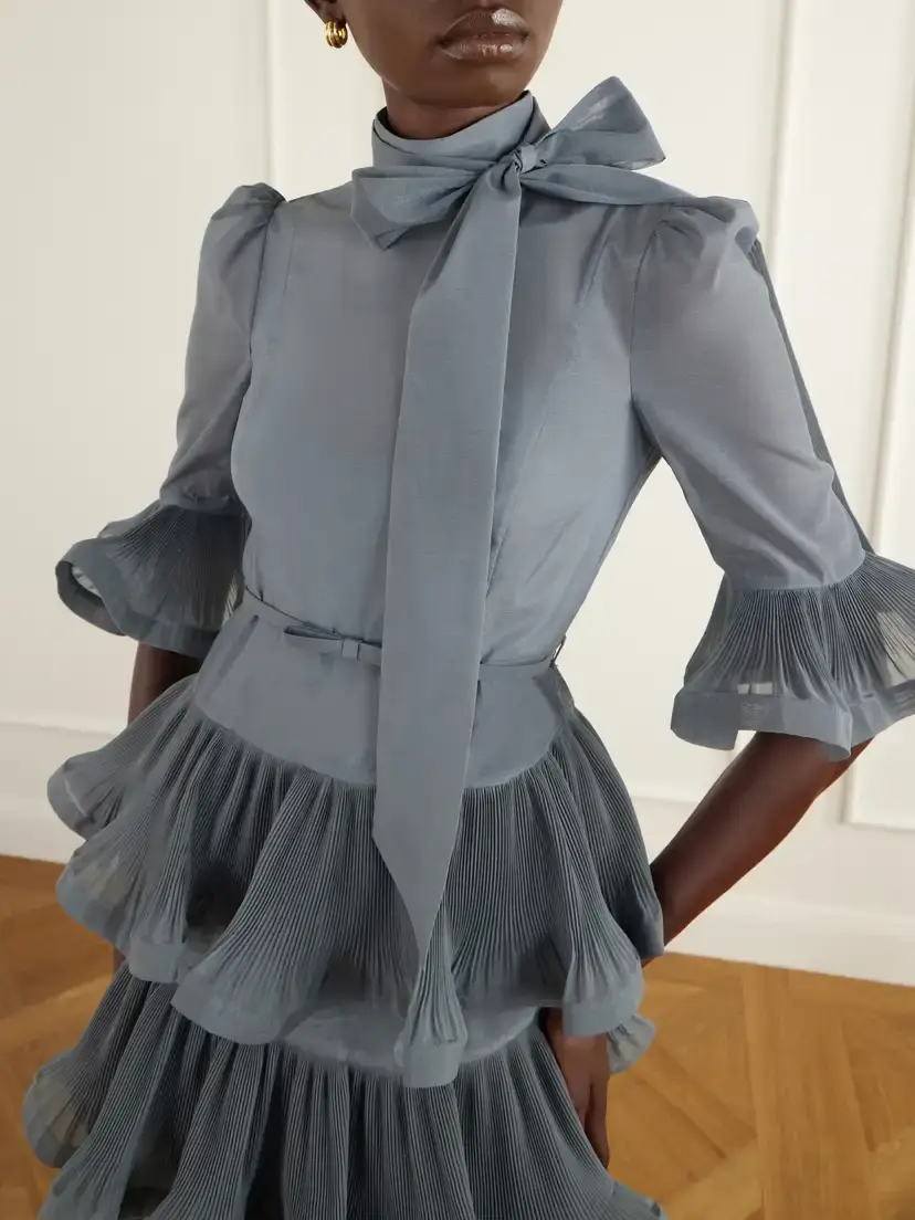 Zimmermann Pussy-bow Ruched Tiered Plissè Organza Midi Dress | Thumbnail 4
