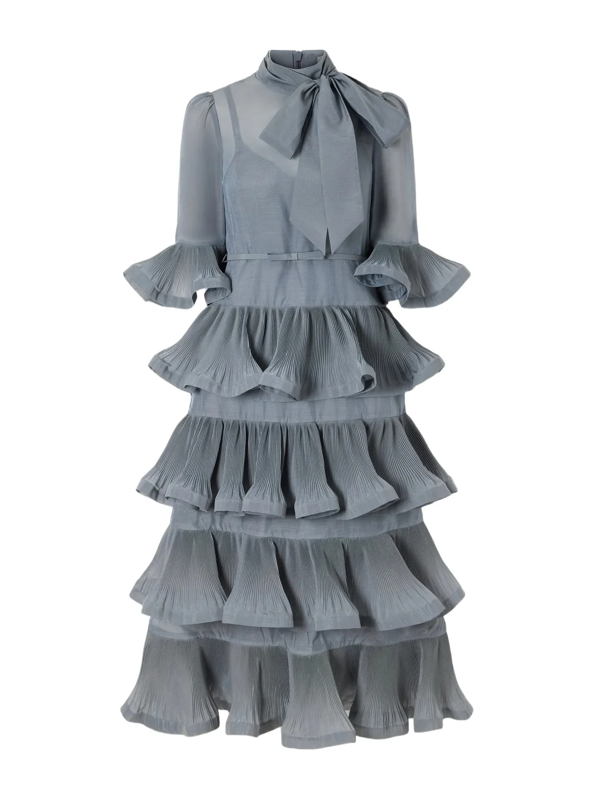 Zimmermann Pussy-bow Ruched Tiered Plissé Organza Midi Dress