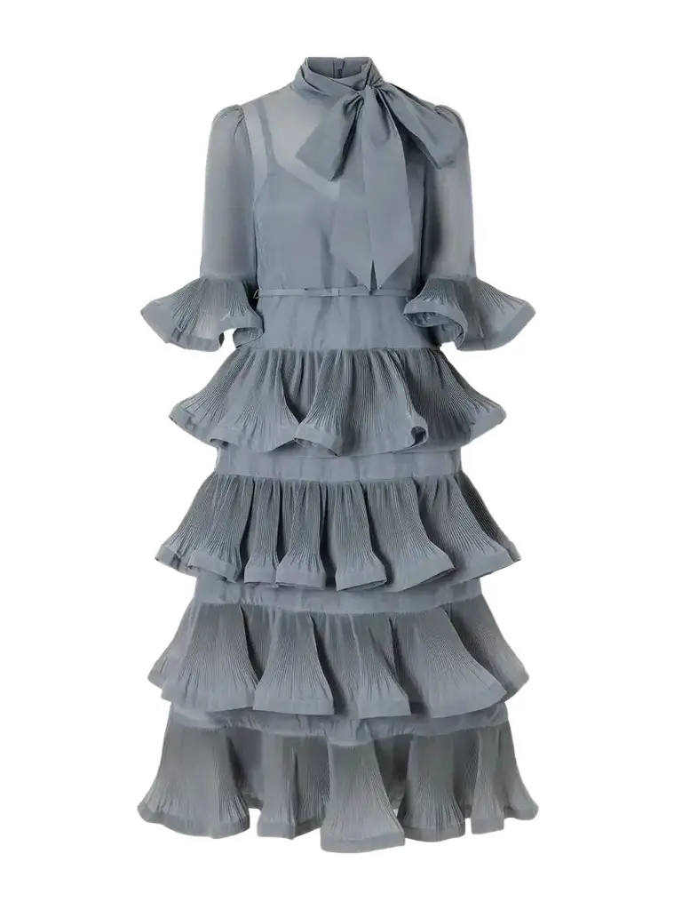 Zimmermann Pussy-bow Ruched Tiered Plissè Organza Midi Dress | Image 1 Zimmermann Pussy-bow Ruched Tiered Plissè Organza Midi Dress | Image 1