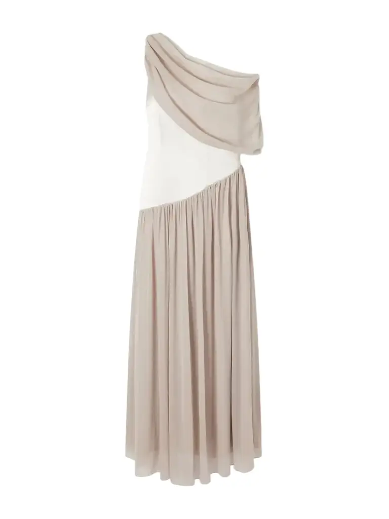 Abadia Gwyneth Asymmetric Draped Satin-trimmed Gerogette Gown | Image 1 Abadia Gwyneth Asymmetric Draped Satin-trimmed Gerogette Gown | Image 1