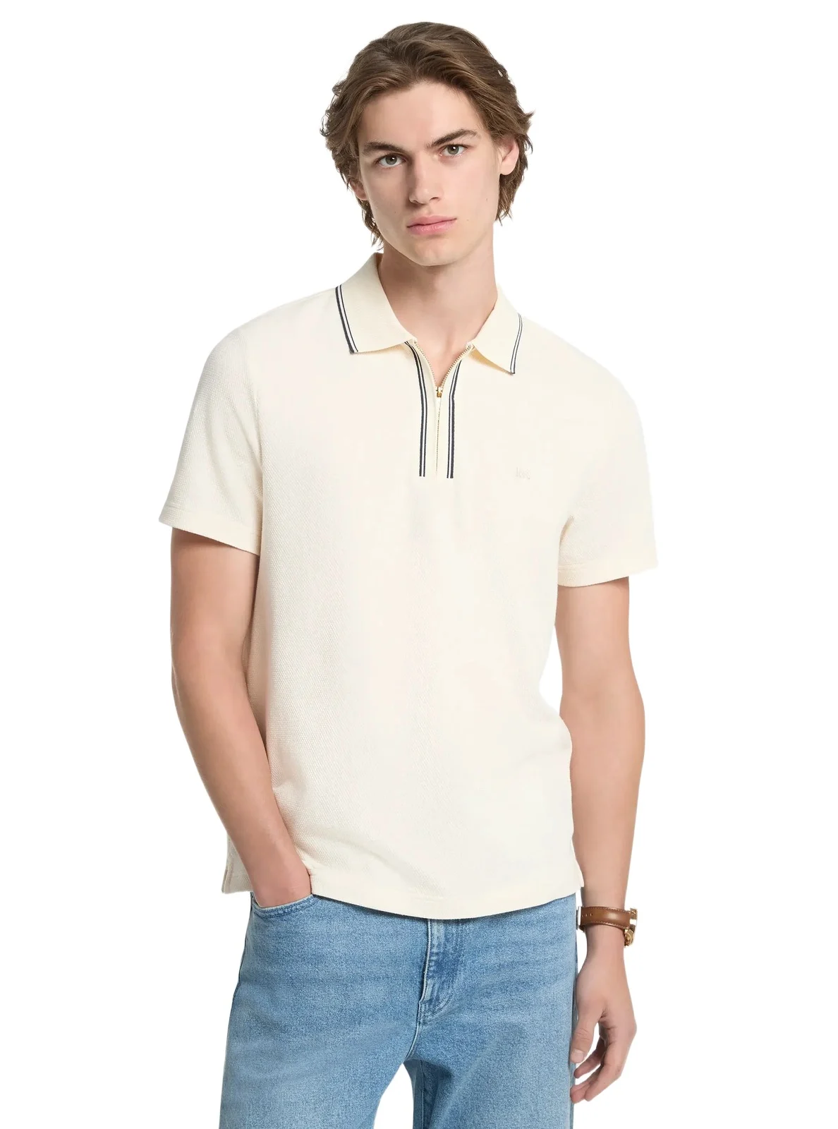 Textured Stretch Cotton Zip-Up Polo Shirt in Natural