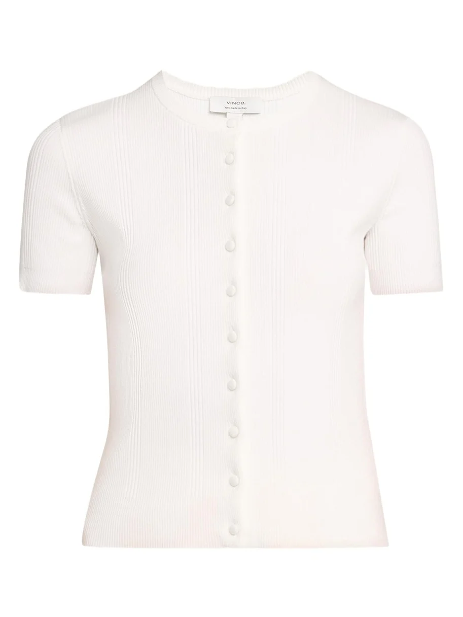 Vince Rib-Knit Cotton Short-Sleeve Cardigan