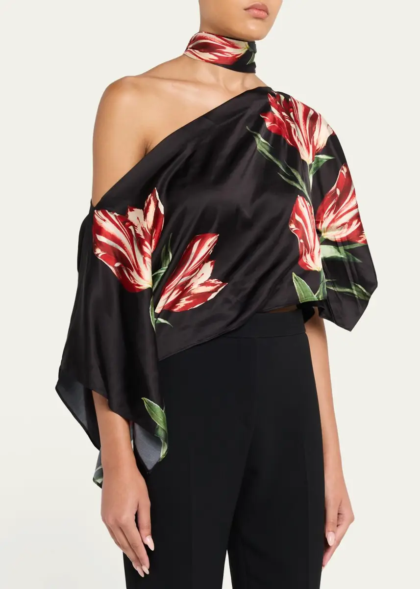 Alice + Olivia Rita Draped Floral One-Shoulder Crop Top | Thumbnail 4